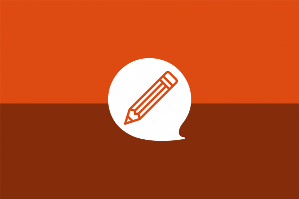 Icon: Stift in einer Sprechblase vor orangenem Hintergrund