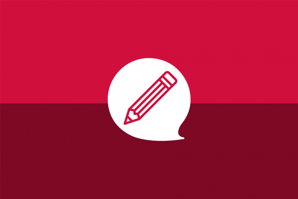 Icon: Stift in einer Sprechblase vor rotem Hintergrund